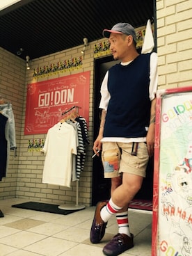 「アイテム（モカシン/デッキシューズ、パープル系）」を使った、O.P.Eさん（メンズ・172cm）の夏コーディネート