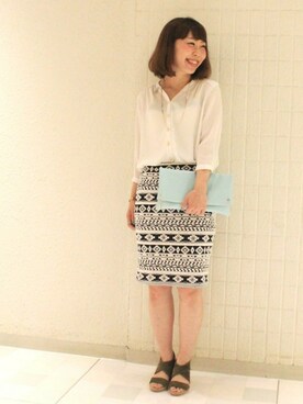 「TIENS ecoute（ティアンエクート）の7分袖Ｖネック肩タックブラウス（シャツ/ブラウス、ホワイト系）」を使った、ookoshiさん（レディース・168cm）の夏コーディネート