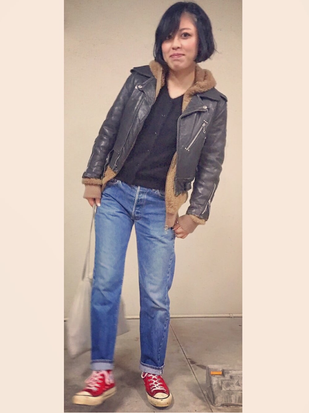 「ライダース、デニム、ヴィンテージ、古着、冬コーデ、モヘアニット、コンバース、USA」｜「Levi'sのアイテム（デニムパンツ、ブルー系）」を使った、mizukiさん（レディース・163cm）の秋コーディネートの1枚目の写真
