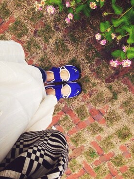 「NIKE（ナイキ）のエアリフト（サンダル、ブルー系）」を使った、mmmさん（レディース）の夏コーディネート