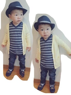 「ボーダーTシャツ」｜「アイテム（モカシン/デッキシューズ）」を使った、Raikiさん（キッズ・80cm）の春コーディネート