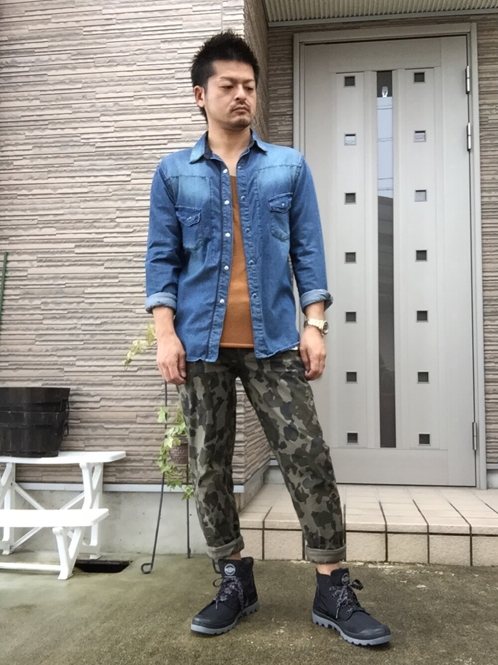 「今日のコーデ、雨の日コーデ、ミリタリー、デニム、パラディウム、ZARA、yevs」｜「ZARAのアイテム（シャツ/ブラウス、ブルー系）」を使った、タルナンドさん（メンズ・165cm）の秋コーディネートの1枚目の写真