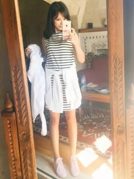 「no brand（ノーブランド）のアイテム（スカート、ホワイト系）」を使った、树树Eさん（レディース）の冬コーディネート