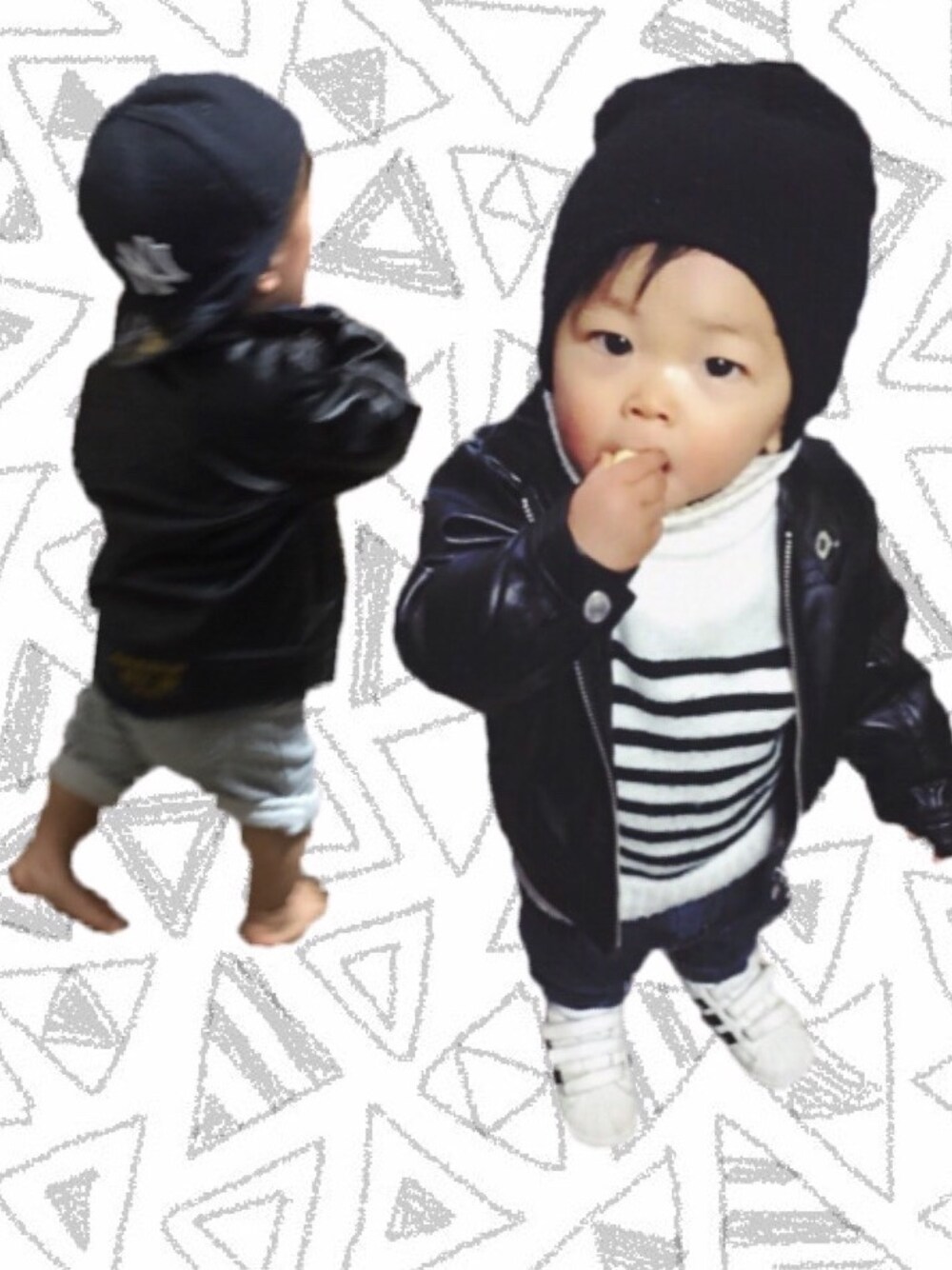 「ボーダーニット、ライダース、kids、1歳、キッズコーデ」｜「西松屋のアイテム（ニット/セーター、ホワイト系）」を使った、しゅうやんさん（キッズ・80cm）の冬コーディネートの1枚目の写真