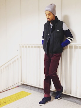 「アイテム（ダウンベスト）」を使った、TAMUKEIさん（メンズ・182cm）の冬コーディネート