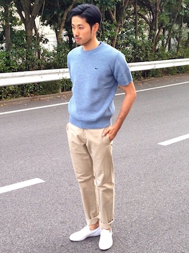 「LACOSTE（ラコステ）のアイテム（ニット/セーター）」を使った、TAMUKEIさん（メンズ・182cm）の春コーディネート