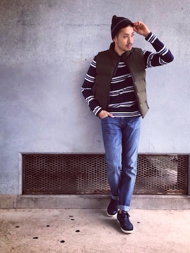 「アイテム（ダウンベスト）」を使った、TAMUKEIさん（メンズ・182cm）の秋コーディネート