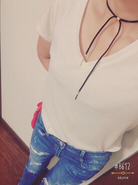 「GU（ジーユー）のアイテム（Tシャツ/カットソー、ホワイト系）」を使った、むぃむぃさん（レディース・168cm）の夏コーディネート
