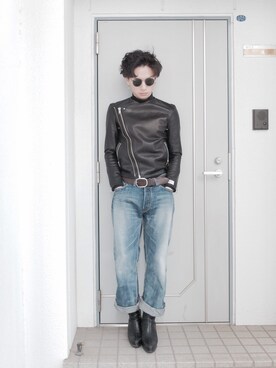 「黒タートルネック」｜「アイテム（ライダースジャケット）」を使った、Taikiさん（メンズ・163cm）の秋コーディネート