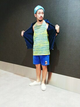 「shorts」｜「アイテム（スウェット）」を使った、SAITOさん（メンズ・166cm）の夏コーディネート