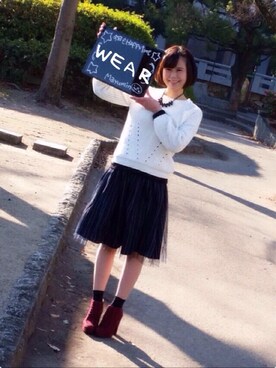 「アイテム（ブーティ、レッド系）」を使った、Yamashita Mayumiさん（レディース・166cm）の冬コーディネート