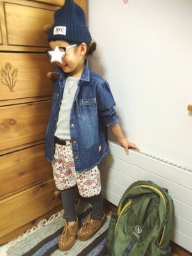 「AIGLE（エーグル）のアイテム（バッグ）」を使った、きのこ。さん（キッズ・100cm）の春コーディネート