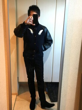 「真っ黒コーデ」｜「アイテム（スタジャン）」を使った、Masato Kurosakiさん（メンズ・174cm）の冬コーディネート