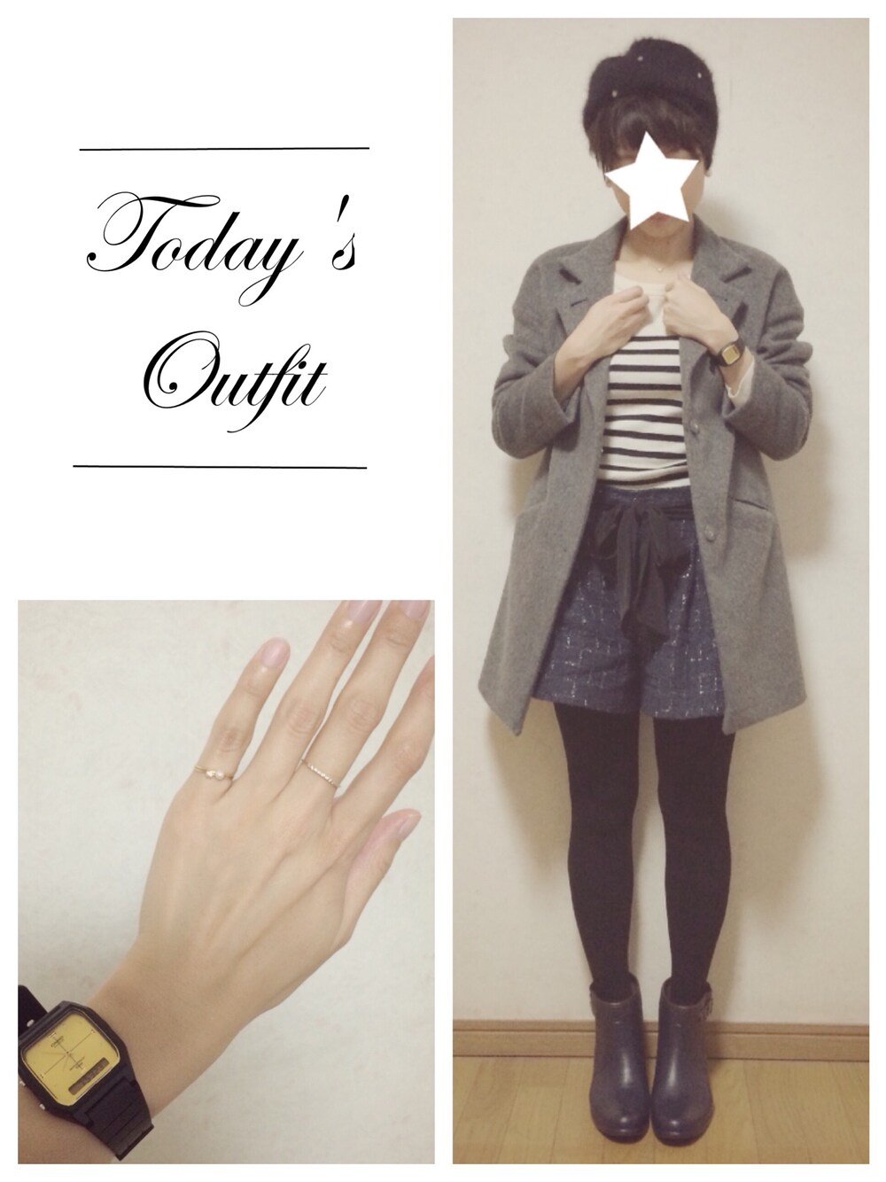 ブルー系のその他パンツ、ブルー系のレインシューズ、ホワイト系のニット/セーターを着用したレディースの冬コーディネートの1枚目の写真