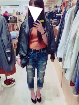 「リブT」｜「アイテム（ライダースジャケット）」を使った、Mayuさん（レディース・162cm）の秋コーディネート