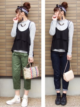 「niko and...（ニコアンド）のオリジナル ミニラインテープカゴバッグ【niko and...】（かごバッグ）」を使った、miho🅰ニコさん（レディース・165cm）の春コーディネート