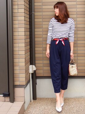 「niko and...（ニコアンド）のオリジナル ミニラインテープカゴバッグ【niko and...】（かごバッグ）」を使った、miho🅰ニコさん（レディース・165cm）の春コーディネート