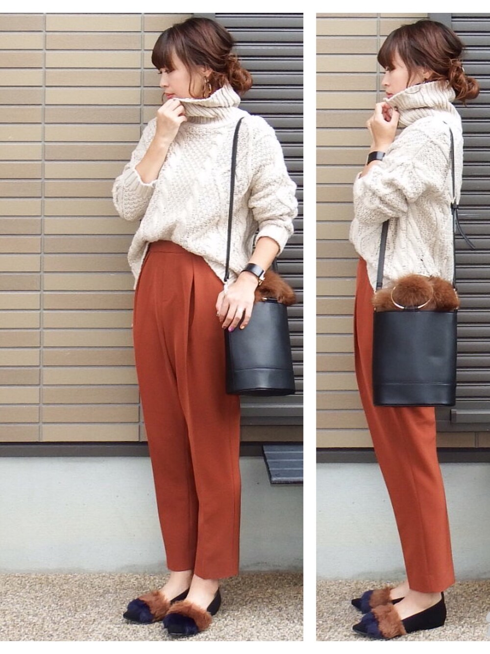 ベージュ系のニット/セーター、レッド系のその他パンツ、ブラック系のショルダーバッグを着用したレディースの秋コーディネートの1枚目の写真