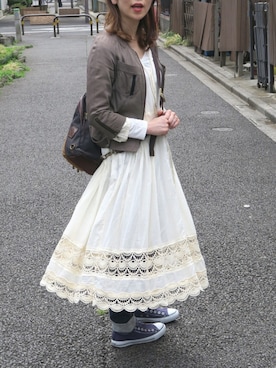 「レースワンピース」｜「アイテム（ノーカラージャケット）」を使った、すぎこさん（レディース・158cm）の春コーディネート