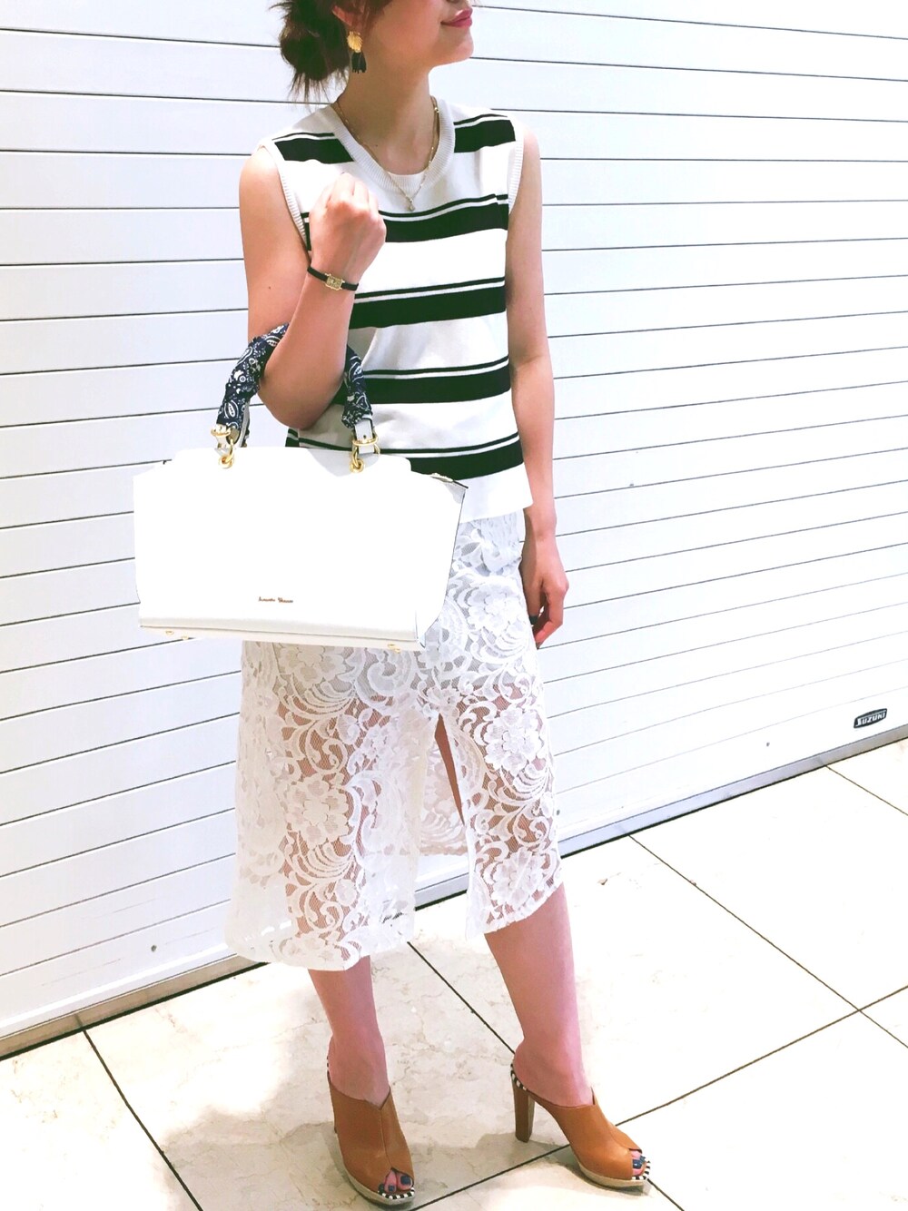 「サマンサタバサ、ボーダー、レース、サボ、手作り、ペーズリー柄、ネイル」｜「Samantha Thavasaの牛革レザートートＢＡＧ（トートバッグ、ホワイト系）」を使った、Yuriさん（レディース・160cm）の夏コーディネートの1枚目の写真