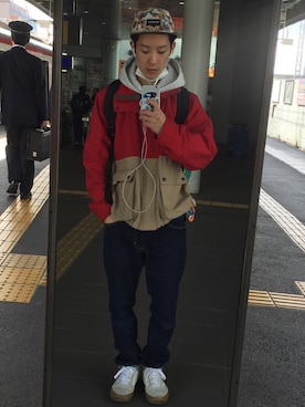 「RIPNDIP（リップンディップ）のアイテム（キャップ）」を使った、渡邉さん（メンズ・165cm）の秋コーディネート
