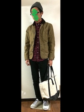 「オイルドジャケット」｜「アイテム（カバーオール）」を使った、やせぎすさん（メンズ・172cm）の秋コーディネート