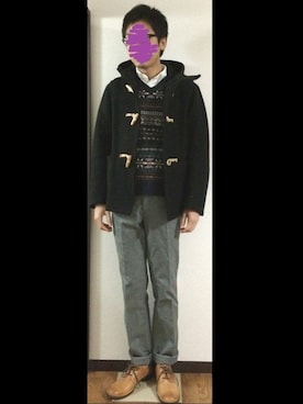 「白シャツ×ニット」｜「アイテム（ダッフルコート）」を使った、やせぎすさん（メンズ・172cm）の秋コーディネート