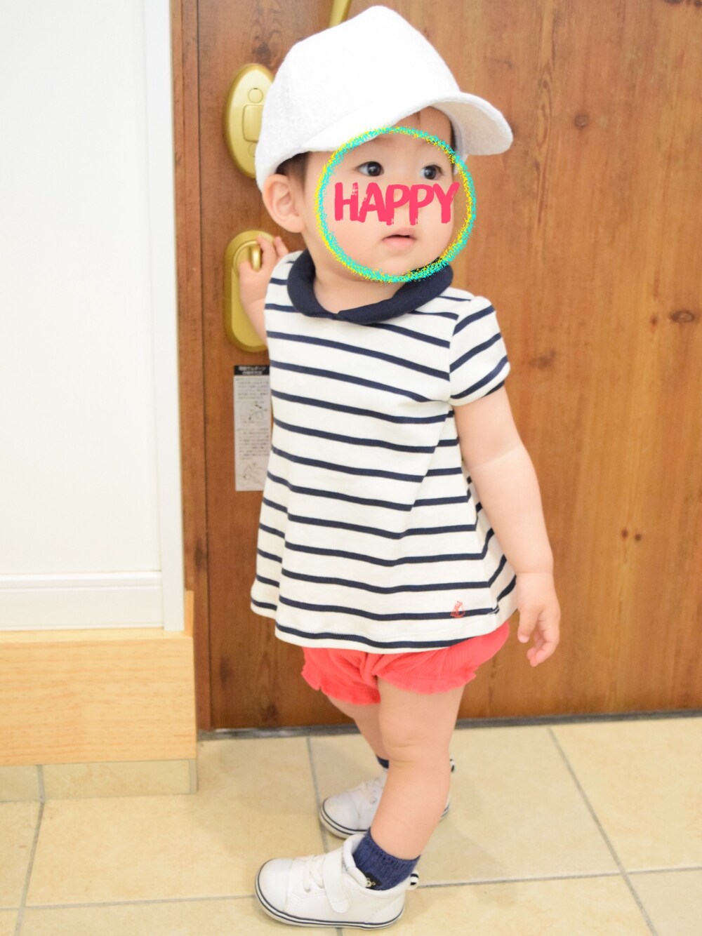 「女の子、kids、ボーダー」｜「PETIT BATEAUのマリニエール衿つき半袖カットソー（Tシャツ/カットソー、ホワイト系）」を使った、honoさん（キッズ・80cm）の夏コーディネートの1枚目の写真