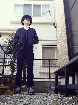 「ノーカラー」｜「アイテム（ミリタリージャケット）」を使った、ichiさん（メンズ・169cm）の冬コーディネート