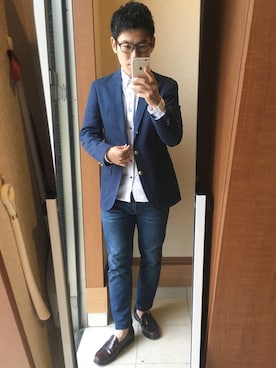 「green label relaxing（グリーンレーベルリラクシング）の紺ブレ（テーラードジャケット、ブルー系）」を使った、TAKUYA#4さん（メンズ・167cm）の秋コーディネート