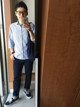 「green label relaxing（グリーンレーベルリラクシング）のストライプ（シャツ/ブラウス、ホワイト系）」を使った、TAKUYA#4さん（メンズ・167cm）の春コーディネート