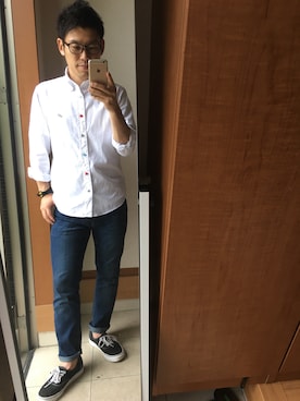 「green label relaxing（グリーンレーベルリラクシング）の【WEB限定】BC★★B/CRA P/OX EMBRO シャツ（シャツ/ブラウス、ホワイト系）」を使った、TAKUYA#4さん（メンズ・167cm）の夏コーディネート