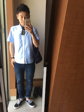 「green label relaxing（グリーンレーベルリラクシング）のSLB/OX WHT/B PP BD-S SS シャツ◆（シャツ/ブラウス、ブルー系）」を使った、TAKUYA#4さん（メンズ・167cm）の夏コーディネート