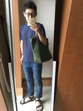 「green label relaxing（グリーンレーベルリラクシング）のKC DRY KANOKO C/N S/S 半袖カットソー＜機能性素材＞（Tシャツ/カットソー、ブルー系）」を使った、TAKUYA#4さん（メンズ・167cm）の夏コーディネート