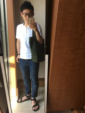 「green label relaxing（グリーンレーベルリラクシング）のBC SLD ヘンリーネック S/SL  Tシャツ（Tシャツ/カットソー、ホワイト系）」を使った、TAKUYA#4さん（メンズ・167cm）の夏コーディネート