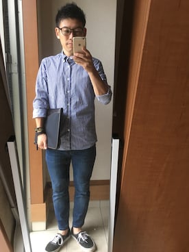 「green label relaxing（グリーンレーベルリラクシング）のKC COL/ON STRIPE M/BD シャツ（シャツ/ブラウス、ブルー系）」を使った、TAKUYA#4さん（メンズ・167cm）の秋コーディネート