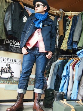 「STEVENSON OVERALL CO.（スティーブンソンオーバーオール）のアイテム（ライダースジャケット）」を使った、hyou さん（メンズ・160cm）の春コーディネート