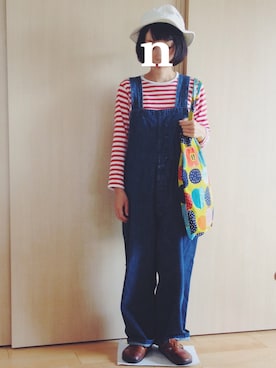 「柄×柄」｜「アイテム（サロペット/オーバーオール）」を使った、nahoさん（レディース・150cm）の秋コーディネート