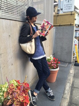 「CA4LA（カシラ）のアイテム（キャップ、ブルー系）」を使った、藤木 寛茂さん（メンズ・178cm）の冬コーディネート