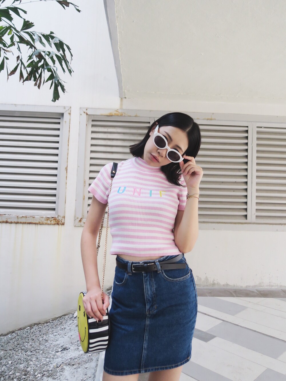 「UNIF、American Apparel、supreme、stussy women」｜「UNIFのアイテム（ニット/セーター、ピンク系）」を使った、Pauさん（レディース・163cm）の夏コーディネートの1枚目の写真