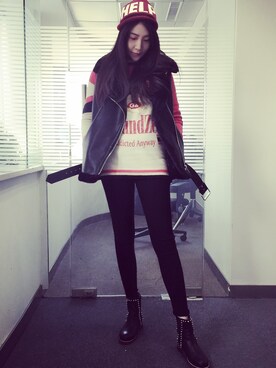 「STYLENANDA（スタイルナンダ）のアイテム（ライダースジャケット）」を使った、YomiO_Oさん（レディース・173cm）の冬コーディネート