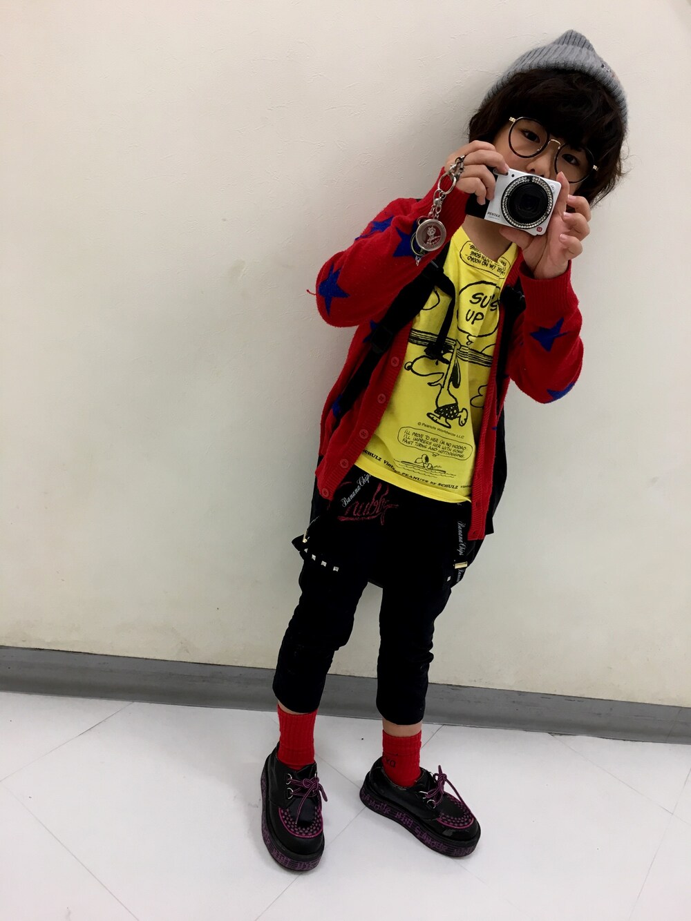 「kids、キッズファッション、chubbygang、hysteric mini、ブーフーウー、スヌーピー」｜「BOOFOOWOOのPeanuts夏バンダナ柄半袖Tee Kids（Tシャツ/カットソー、イエロー系）」を使った、◍●⌄̈⃝KAIRIꙬ꙳●◍さん（キッズ・123cm）の冬コーディネートの1枚目の写真