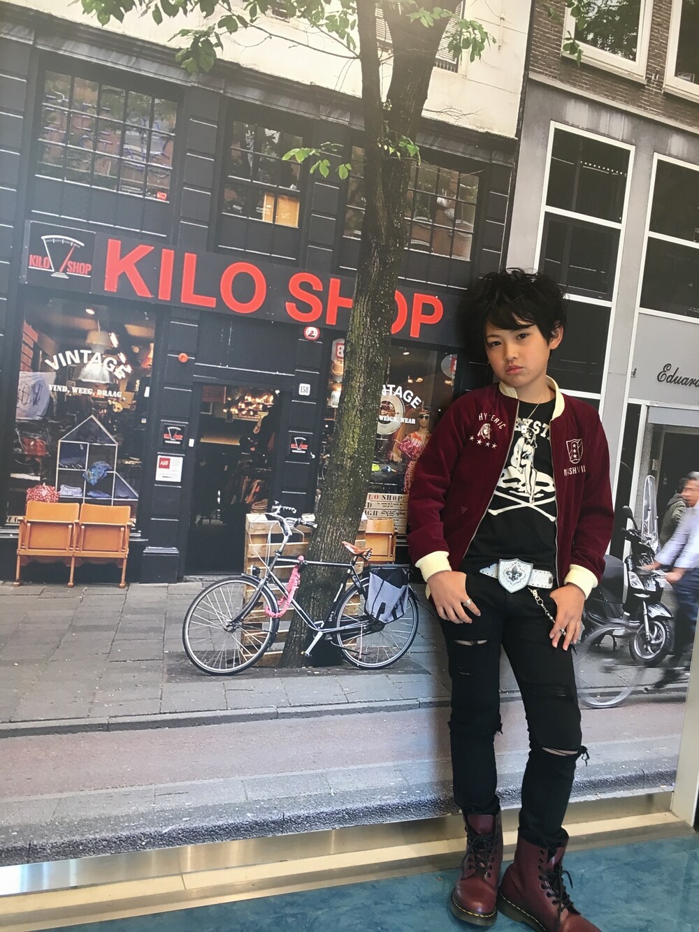 「キッズファッション、男の子、黒スキニー、リメイク、ダメージ加工、JOEY HYSTERIC」｜「ROYAL ORDERのアイテム（ネックレス、シルバー系）」を使った、◍●⌄̈⃝KAIRIꙬ꙳●◍さん（キッズ・136cm）の冬コーディネートの1枚目の写真
