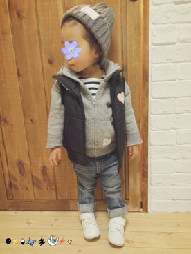 「no brand（ノーブランド）のアイテム（ダウンベスト）」を使った、popoさん（キッズ・80cm）の冬コーディネート