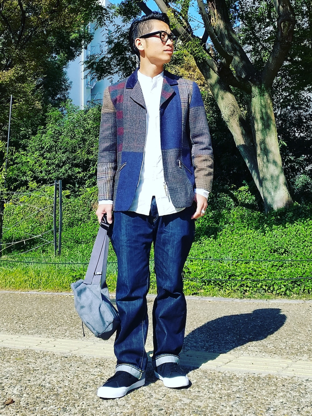 「afecta、アフェクタ、バッグ、ショルダー、ショルダーバック、冬、ウール、jcrew」｜「古着のアイテム（テーラードジャケット、その他）」を使った、ktさん（メンズ・172cm）の秋コーディネートの1枚目の写真