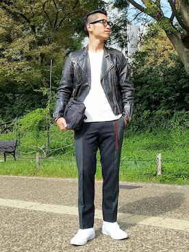 「バッグ」｜「アイテム（ライダースジャケット）」を使った、ktさん（メンズ・172cm）の秋コーディネート