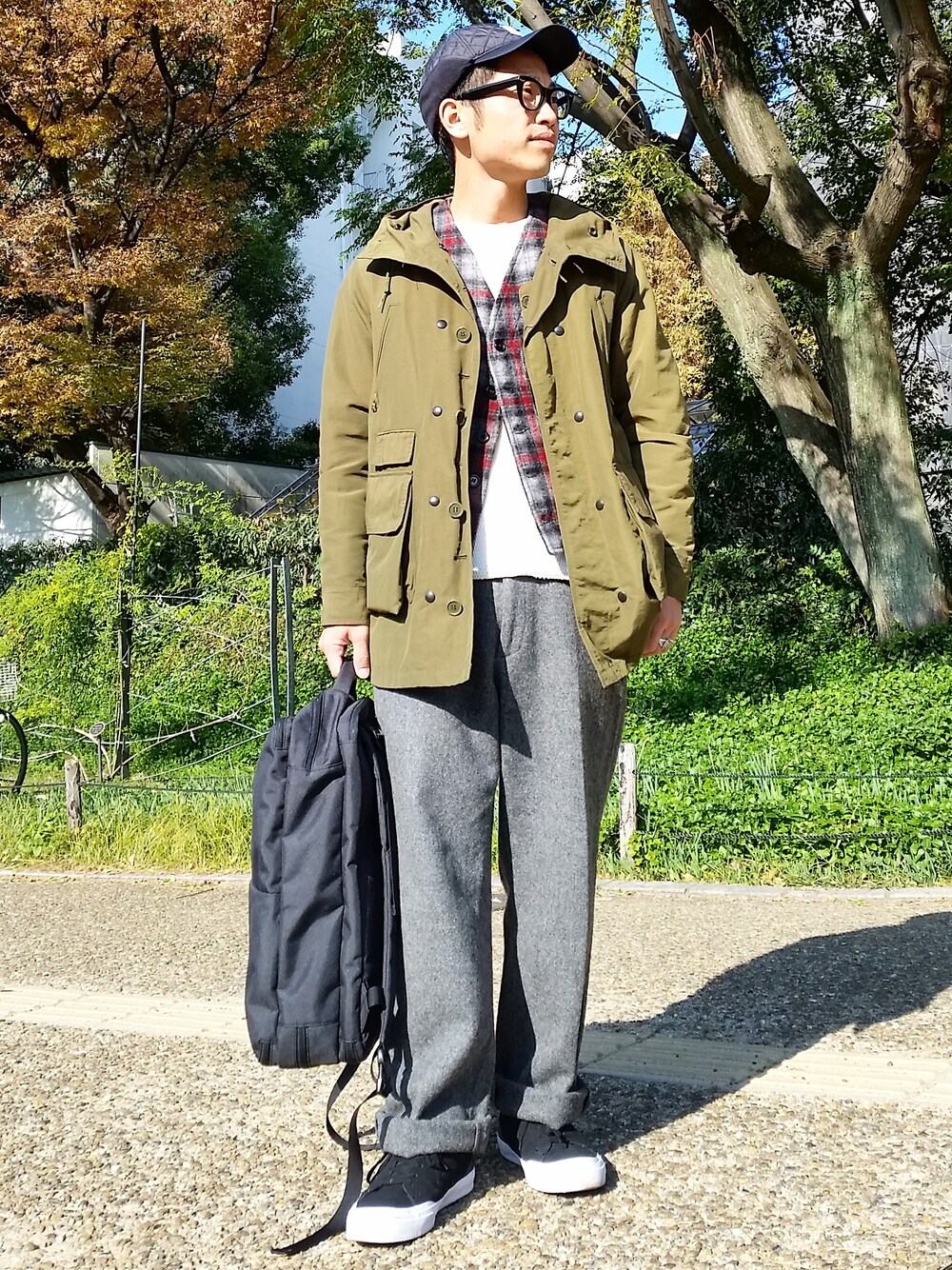 「カーハート、冬、ウール、ウールリッチ、リュック、afecta、wool、フィルソン、アフェクタ、バッグ」｜「FILSONのアイテム（ベスト、その他）」を使った、ktさん（メンズ・172cm）の秋コーディネートの1枚目の写真