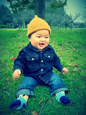 「アイテム（タイツ/ストッキング、オレンジ系）」を使った、ちゅけさん（キッズ・70cm）の春コーディネート