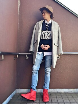 「NO ID.（ノーアイディ）のアイテム（チェスターコート）」を使った、SH1ONさん（メンズ・171cm）の冬コーディネート