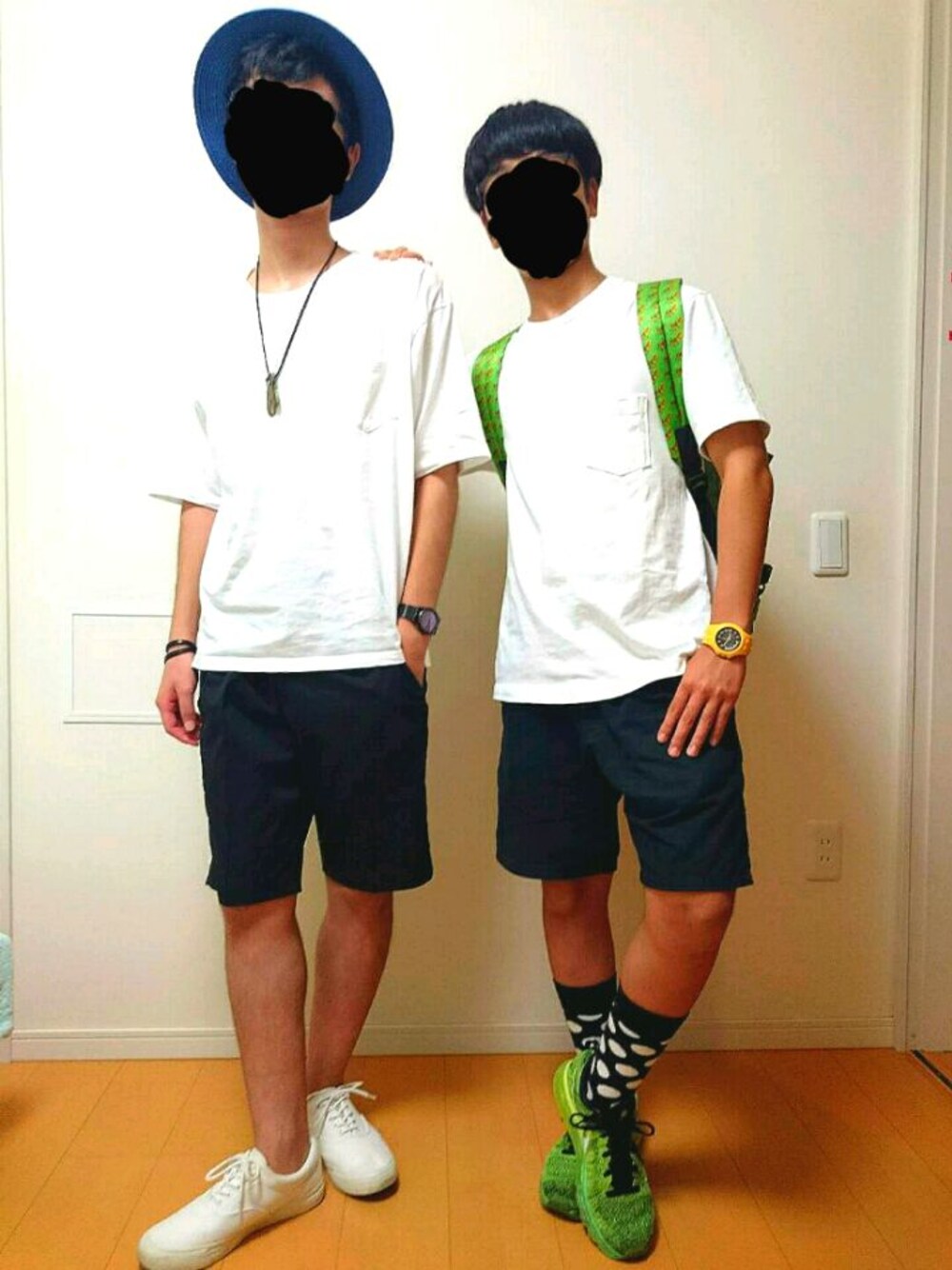 「ドラフトDIE、兄弟コーディネート、夏コーデ、シンプルコーデ、カジュアル、summer、ショートパンツ、ハット、happy socks、ナイキ」｜「UNITED ARROWSのUAND カノコ クルーネック（Tシャツ/カットソー、ホワイト系）」を使った、RYOTAさん（メンズ・162cm）の夏コーディネートの1枚目の写真